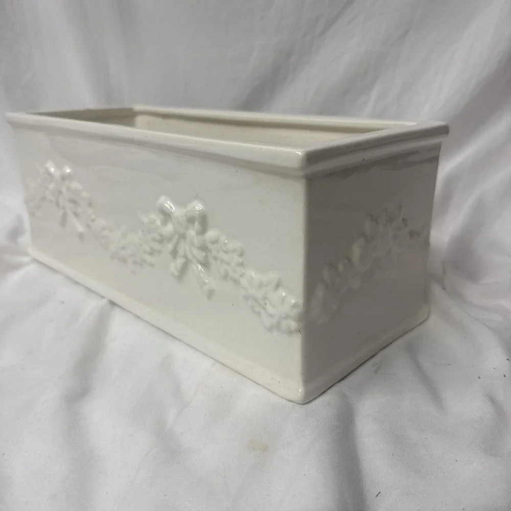 Vintage White Ceramic Rectangular Window Box Planter Garland Bows 13
